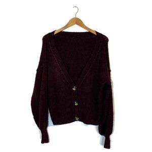 Topshop Women's 8 Med Cardigan Button V-Neck Knit Balloon Sleeve Marled Burgundy